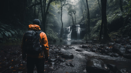 Hiker Admiring Waterfall in Lush Forestの素材