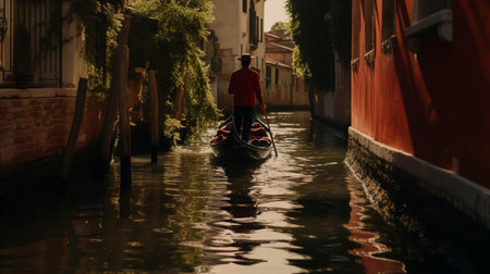 Gondolier Navigating Quiet Venetian Canalの素材