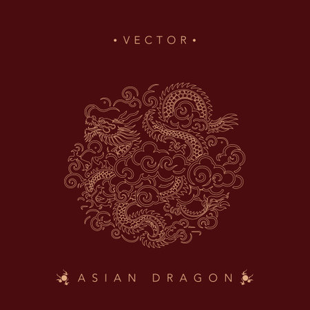 Dynamic Golden Dragon Illustration on Maroon Backgroundのイラスト素材
