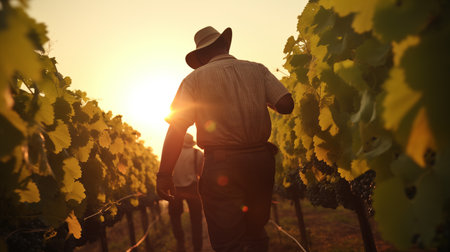 Rear view of a man standing in a vineyard during sunsetの素材