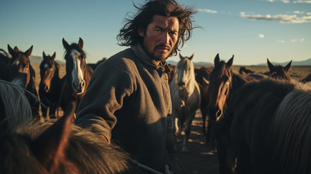 Portrait of a man with horses in the background at sunset.の素材