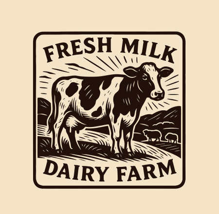 Retro illustration of dairy cow in pastoral landscape with fresh milk brandingのイラスト素材