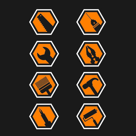 Tools icons set in hexagon frame.のイラスト素材