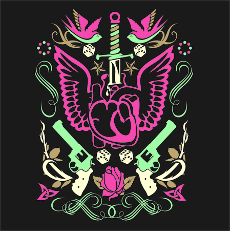 set Vector tattoo studio logo templates on dark background. Cool retro styled vector emblems.のイラスト素材