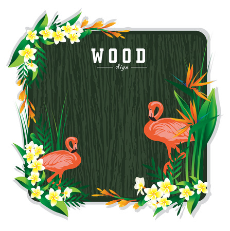 Wood Sign Board and flamingo flower vector illustration.のイラスト素材