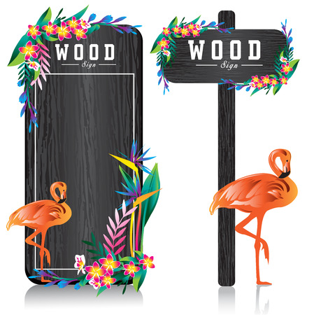Wood Sign Board and flamingo flower vector illustration.のイラスト素材