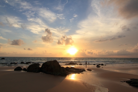 Long tailed boat at sunset ,  south of Thailandの写真素材