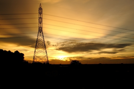 High voltage power pylons evening.の写真素材