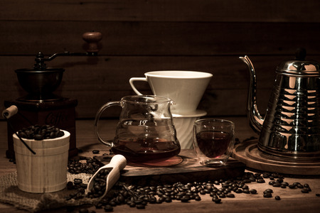 Drip coffee set on table wooden  in a coffee shop.の写真素材