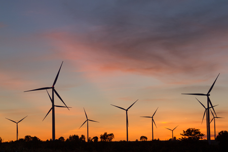 wind turbine sunset . Sustainable development, environment friendly, renewable energy concept.の写真素材