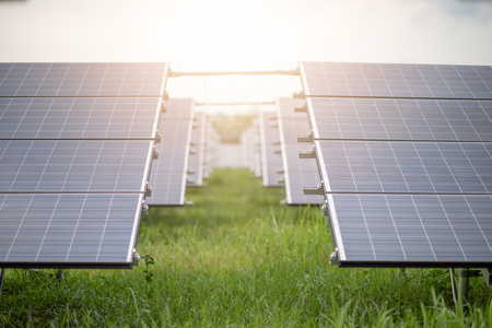 Beautiful sunset over Solar Farm,Green Energy Conceptの写真素材