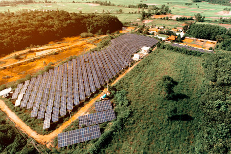Beautiful sunset over Solar Farm with sunset on the background