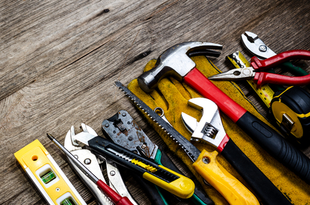 Tools on  wooden background.の写真素材