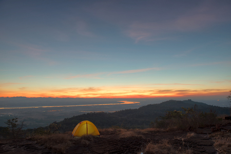 Tent on the hill and Mekong River Viewの写真素材