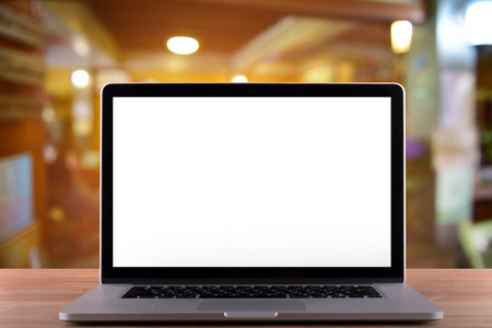 laptop with black screen on modern wooden deskの写真素材