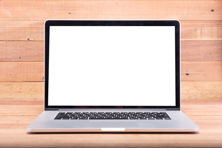 Laptop with blank screen on Wood backgroundの写真素材