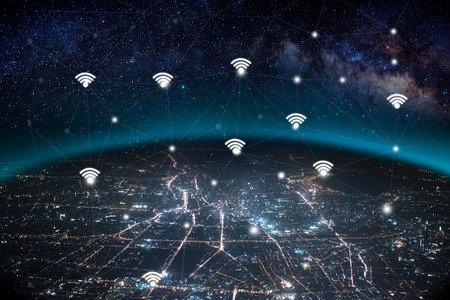 Aerial view Bangkok Cityscape with Milky way galaxy, and network conceptの写真素材
