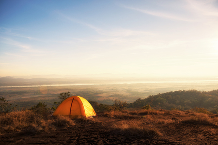 Tent of Travelers on mountain in the morning Thailand novel photo in post processing.の写真素材
