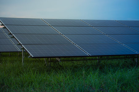 Beautiful sunset over Solar Farm with sunset on the background