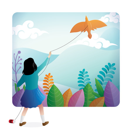 A cute girl playing kite outdoor with a beautiful mountain scenery on the backgroundのイラスト素材