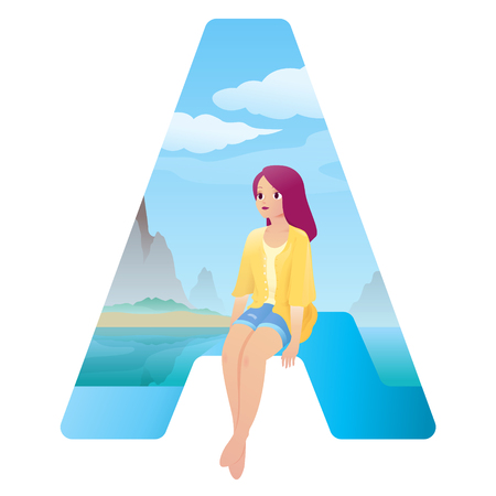 a happy cute girl sitting on a beach with alphabet A shaped sceneryのイラスト素材