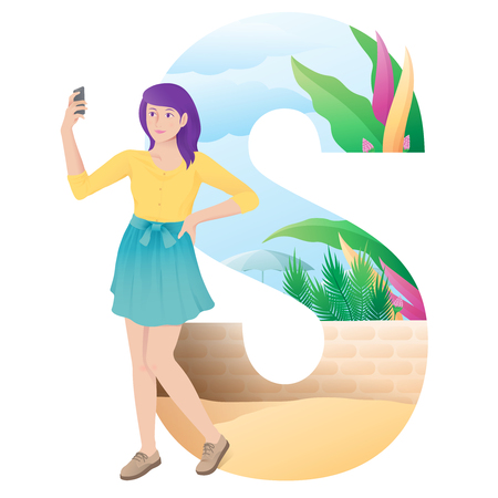 alphabet S girl doing selfie on summerのイラスト素材
