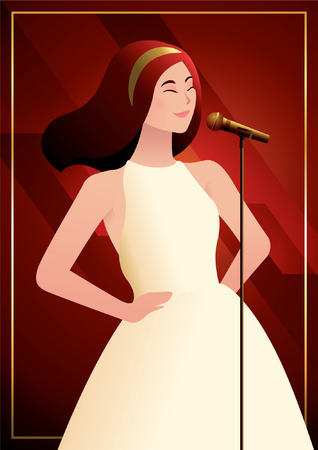 a beautiful girl singing with microphone in front of glamorous red backgroundのイラスト素材