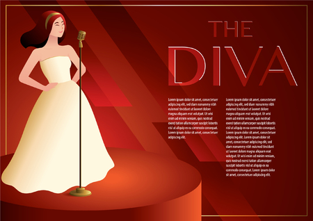 a beautiful diva singer is singing on the glamorous stage with vintage microphoneのイラスト素材
