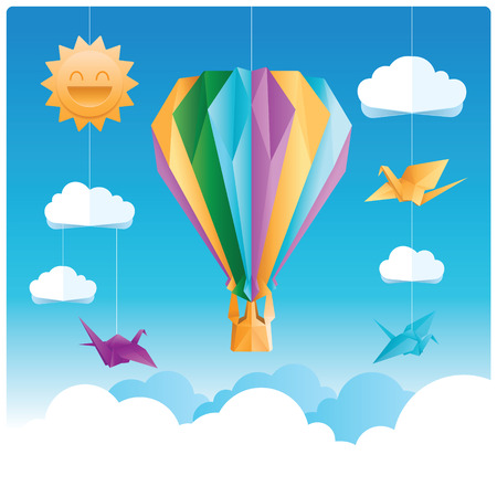 hot air balloon and birds origami flying above the cloudsのイラスト素材