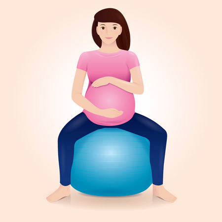 pregnant mother is doing exercises on gym ball and holding her bellyのイラスト素材