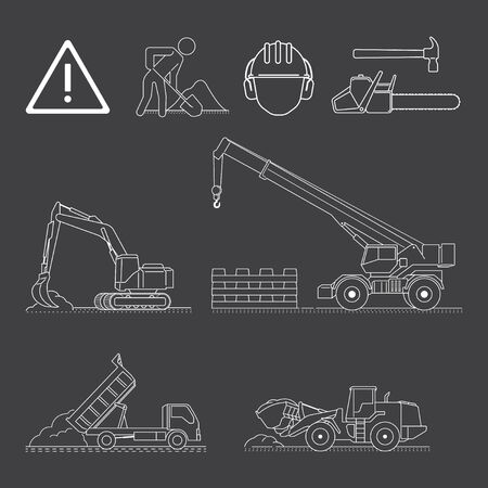 a set simple of construction site icons and vehiclesのイラスト素材