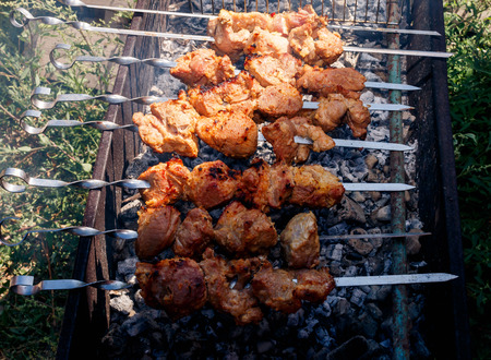kebabs grilling at natureの写真素材