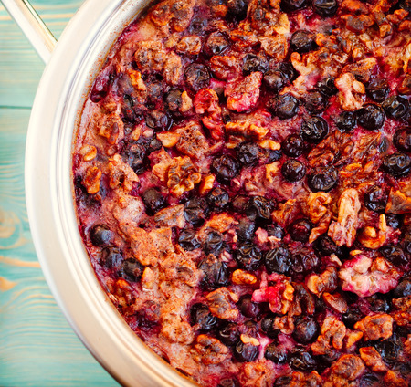 oatmeal, black currant and walnut casserole, close-up, tonedの写真素材