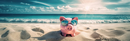 Piggy bank with sunglasses on the beach against blue sky over seaの素材