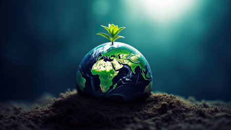 Globe with green sprout growing in soil. Ecology concept. Earth dayの素材