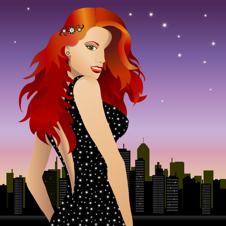 Beautiful sexy woman enjoying the city nightlife. She has long flowing hair and sparkles on her dress. City skyline in background and stars in the sky. Very detailed.のイラスト素材