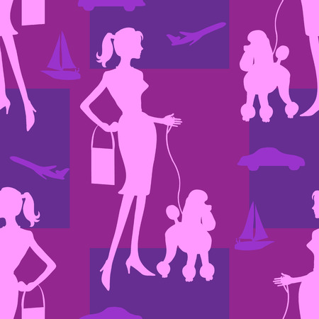 Woman walking dog seamless wallpaper tile. Boat, car, airplane in background. Created in shades of purple and pink .のイラスト素材