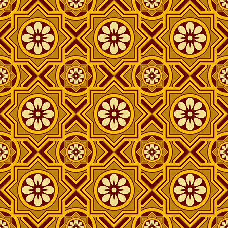 Seamless continuous wallpaper tile. Created in earth tones with golds and brown.のイラスト素材