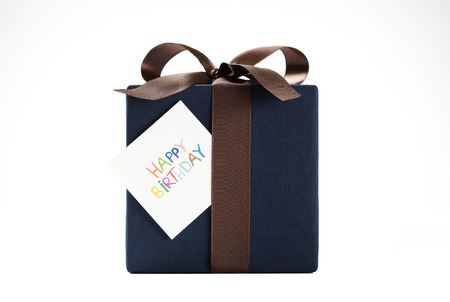 blue gift box on white background  blue Gift box with yellow ribbon の写真素材