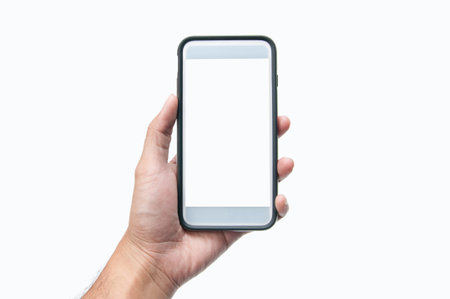 Mobile phones in the hands of a white background.