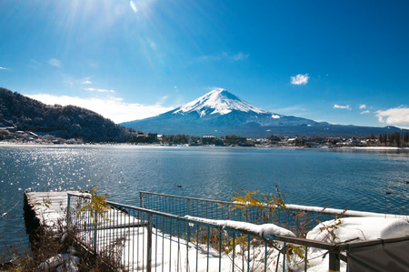 Mt Fuji in the early morning with reflection on the lake kawaguchikoの写真素材