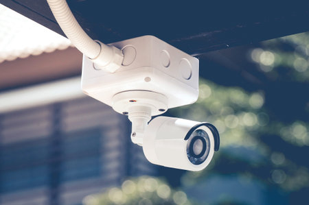 CCTV security cameras outside the white building.