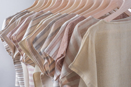 cotton beige stripe woman blouse on white background.の写真素材