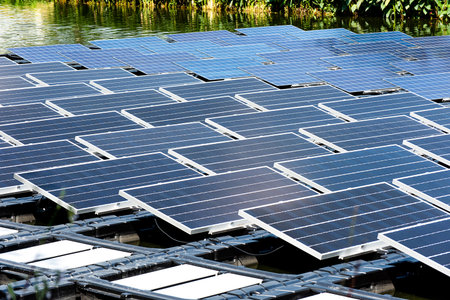 Solar power station float on water,Ecological energy renewable solar panel plant electric power.