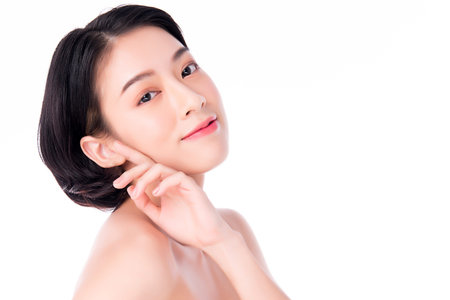 Portrait beautiful young asian woman clean fresh bare skin concept. Asian girl beauty face skincare and health wellness, Facial treatment, Perfect skin, Natural make up, on white background.の写真素材