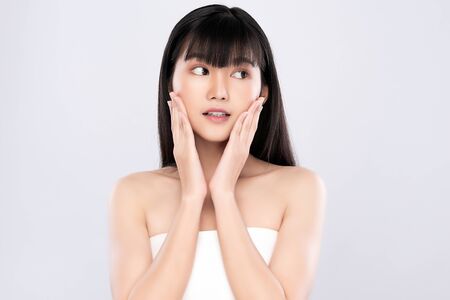 Portrait beautiful young asian woman clean fresh bare skin concept. Asian girl beauty face skincare and health wellness, Facial treatment, Perfect skin, Natural make up, on white background.の写真素材
