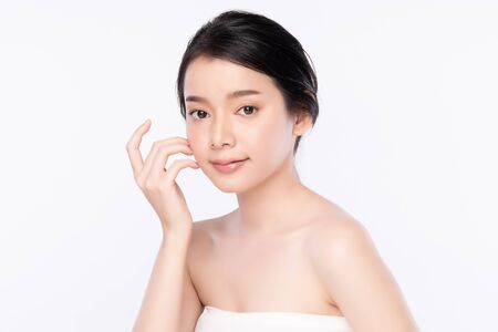 Portrait beautiful young asian woman clean fresh bare skin concept. Asian girl beauty face skincare and health wellness, Facial treatment, Perfect skin, Natural makeup, on white background.の写真素材