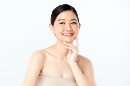 Beautiful Young Asian Woman with Clean Fresh Skin. Face care, Facial treatment, Cosmetology, beauty and healthy skin and cosmetic concept .woman beauty skin isolated on white background.の写真素材