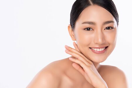 Beautiful Young Asian Woman with Clean Fresh Skin. Face care, Facial treatment, Cosmetology, beauty and healthy skin and cosmetic concept, woman beauty skin isolated on white background.の写真素材