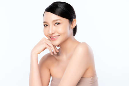 Beautiful young asian woman with clean fresh skin on white background, Face care, Facial treatment, Cosmetology, beauty and spa, Asian women portraitの写真素材